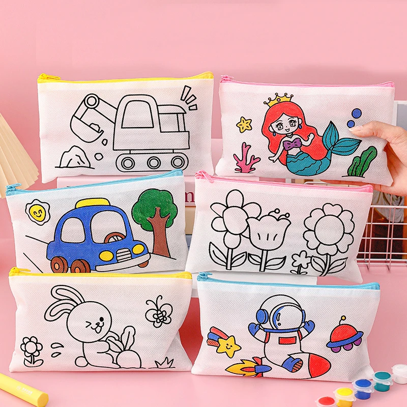 6Pcs Cartoon Painting Graffiti Pencil Case DIY Art Toys for Kids Birthday Party Favors Pinata Fillers Back To School Prizes