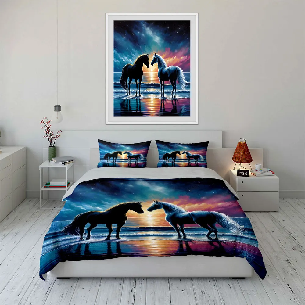 Two horses by sunset beach Printed Duvet Cover Set 1 Duvet Cover+2 Pillowcase Multi Size Bedroom Bedding Decor Luxury gifts 4