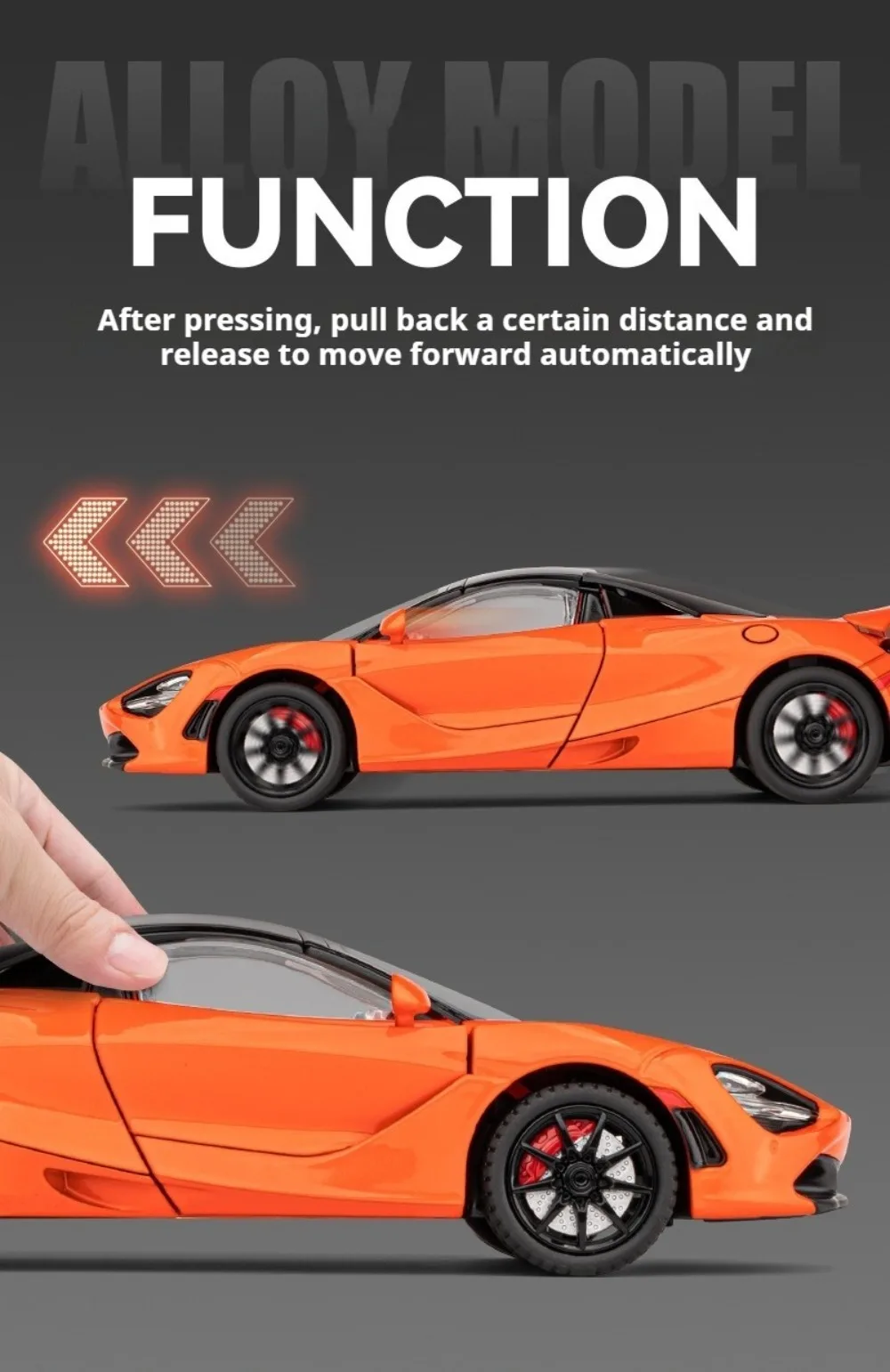 1:24 Senna GTR 720S Miniature Model Alloy Diecast Sports Car Toys Front Wheel Steering Sound Light Pull Back Boys Festival Gifts