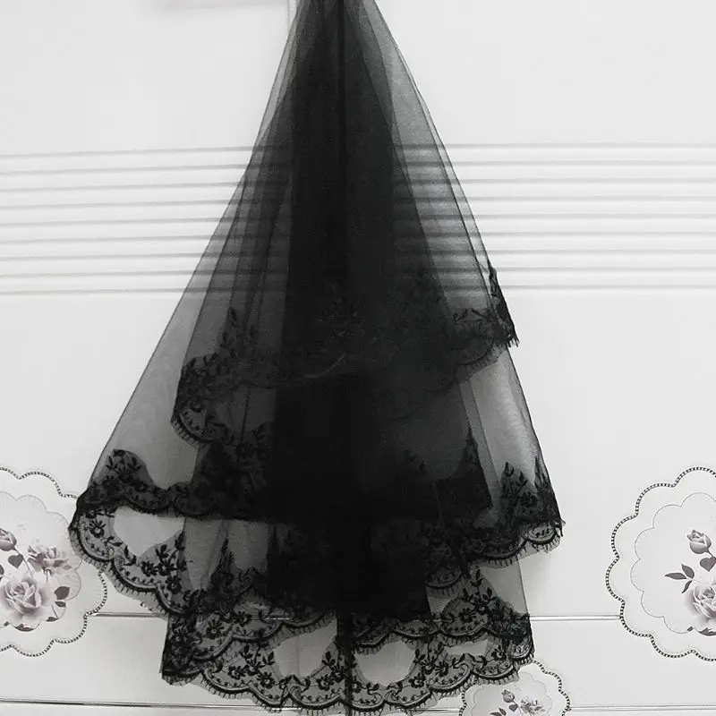 

Single Layer Women Girls Cover Face Mantilla Black Wedding Veil Embroidery Eyela