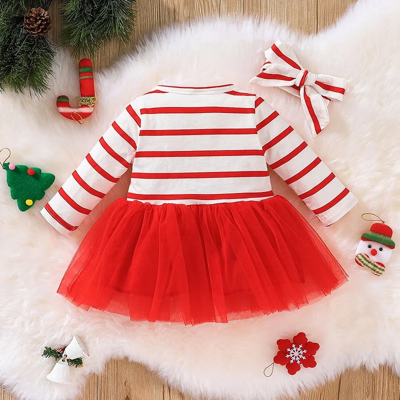 

Newborn Dress For Kids 3-36 Months Fashion Long Sleeve Cute Striped Tulle Christmas Princess Formal Dresses Ootd For Baby Girl