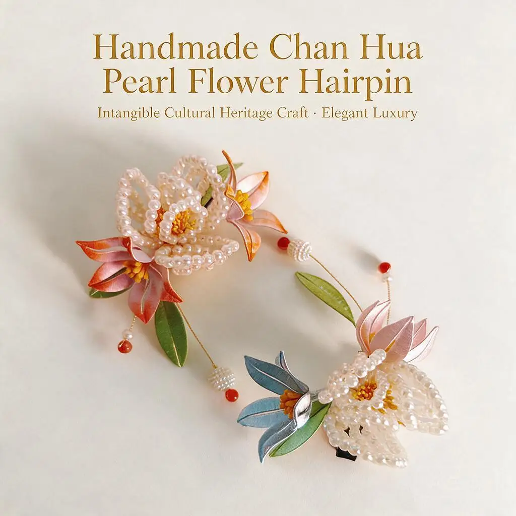 Handmade Chinese Chan Hua Beaded Flower Hair Clips Hanfu Accessories Dangling Pearl Lotus Butterfly Hair Pieces For Women Girls