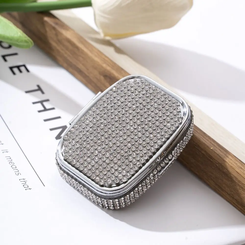 mit HD-Spiegel, mit Strasssteinen besetzte Schmuckschatulle, niedliches multifunktionales Mini-Pillendose, Kawaii, glänzend, versiegelt, Organizer für Reisen