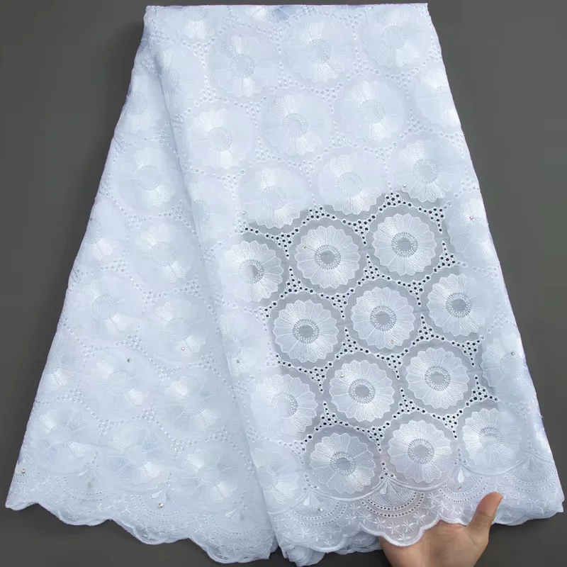 SJD LACE Swiss Cotton Lace Fabric with Stones 2024 High Quality 5Yards African Dry Lace Fabric for Women Party Dresses Sew A3279