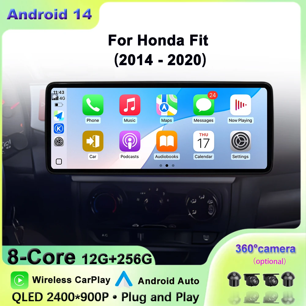 

Автомобильный видеомультимедийный плеер для Honda Fit 2014-2020, беспроводной Carplay Android, сенсорный экран 12,3 дюйма, Bluetooth, GPS-навигация