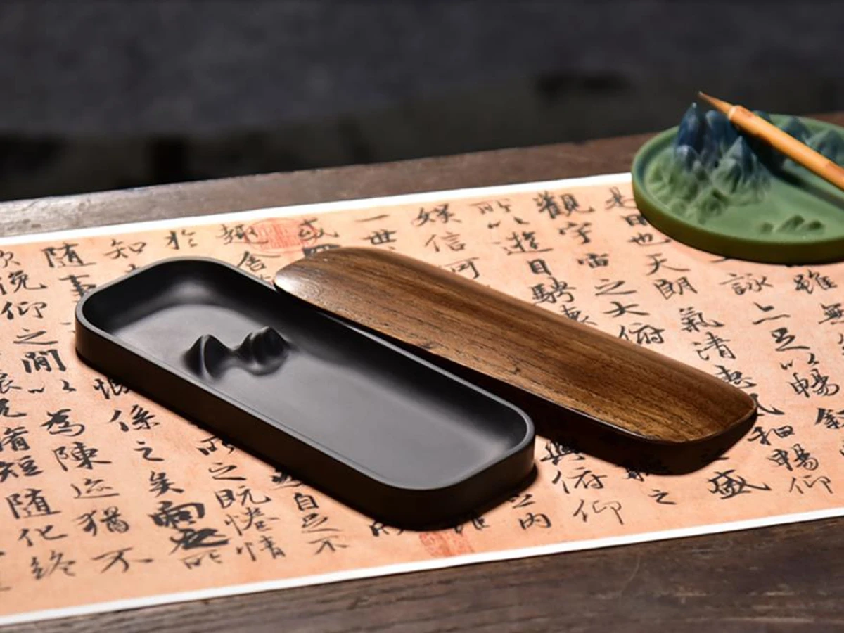 1pc Natural Handmade She Ink Stone With Cover Han Shan Inkstone Ink Brush Calligraphy Painting Tool