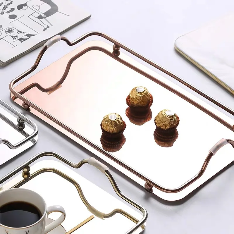 Stainless Steel Tray Teapot Cup Storage Home Kitchen Rectangle Dessert Food Plate Nordic Metal Tableware Decorative