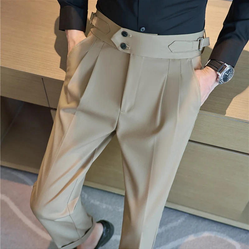 Stile britannico autunno nuovi pantaloni a vita alta uomo cintura Design Slim Fit pantaloni da ufficio Social Wedding Party pantaloni formali Hommes