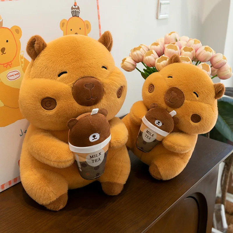 Kawaii Plush Toy Capybara Holding Milk Tea Cup Stuffed Doll Kids Birthday Gift Large Cuddly Animal for Children Sleep Companion