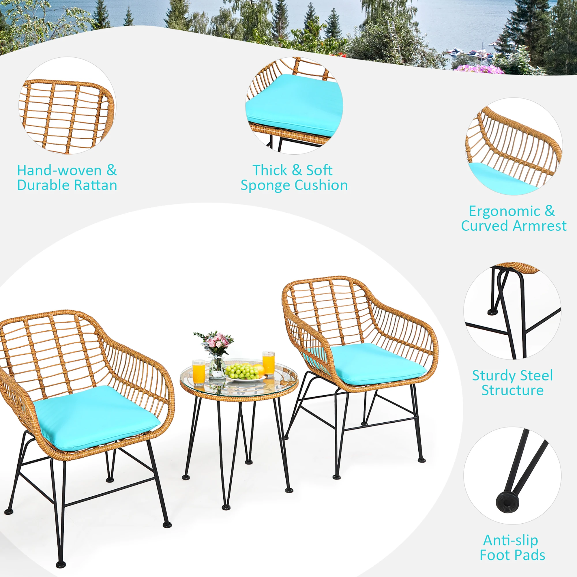 3 Stück Terrasse Rattan Bistro Möbel Set gepolsterten Stuhl Tisch Türkis