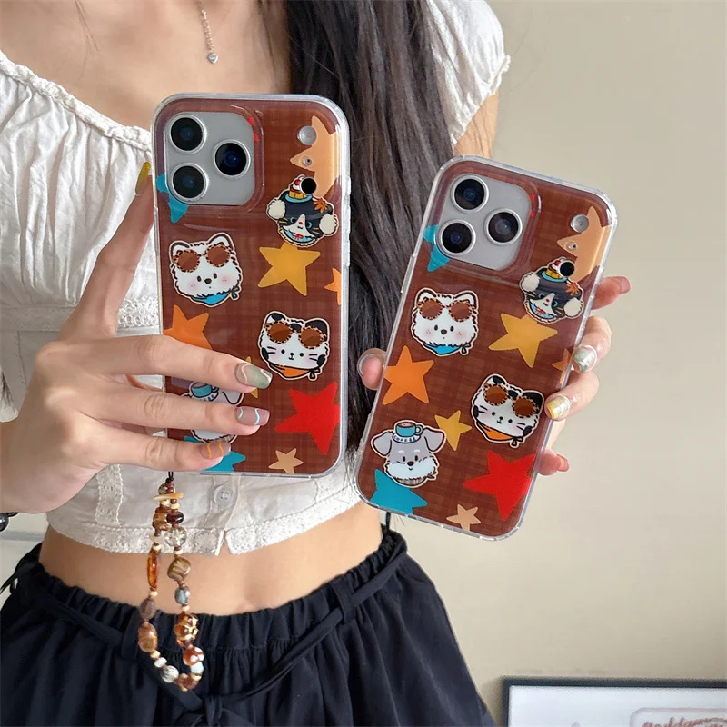 Kawaii الكرتون الكلب الحيوان ستار قضية الهاتف آيفون 17 برو 16 15 14 برو ماكس غطاء مع سلسلة للصدمات لطيف واقية C