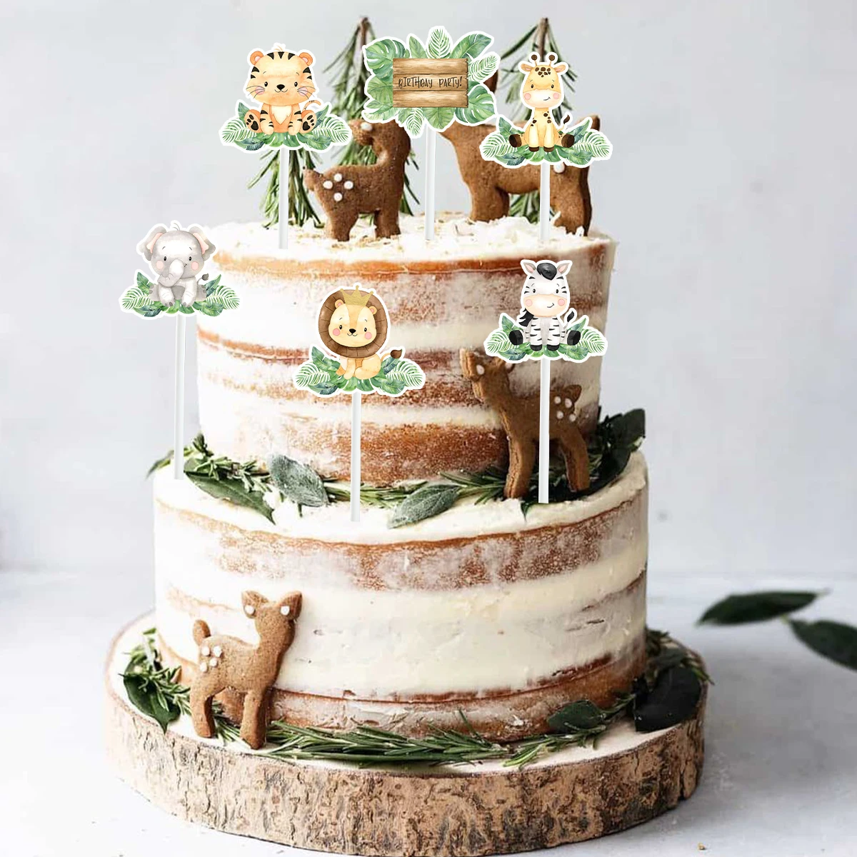 Imagem -05 - Safari Birthday Cake Topper Wild Animal Papel Cupcake Toppers Wild One Jungle Birthday Party Decoração Crianças Meninos Baby Shower