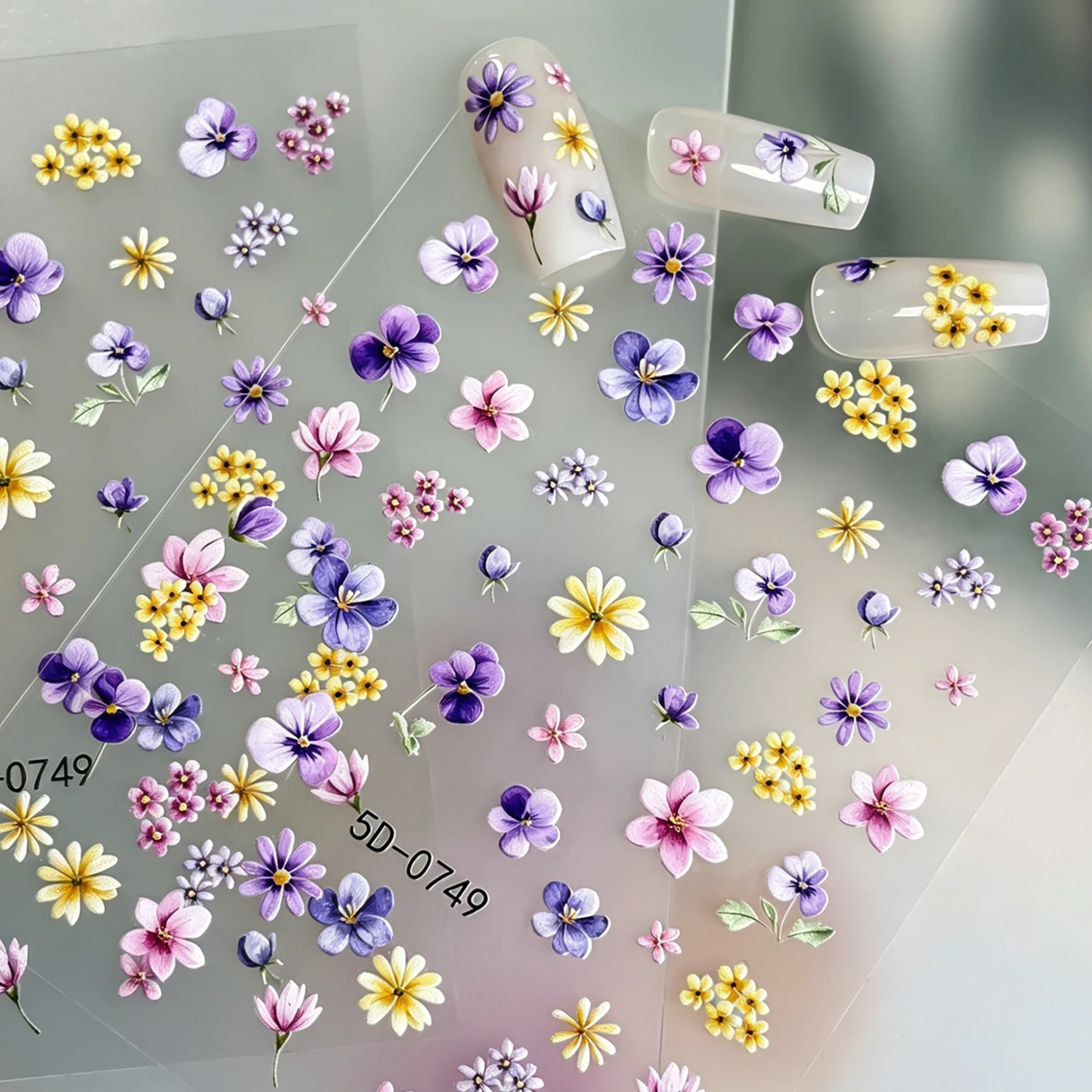 1pcs 5D Relief Purple Yellow Daisy Flower Nail Sticker Cute Pink Tulip Nail Decals Self-adhesive Five-Petal Nail Slider Decor D2