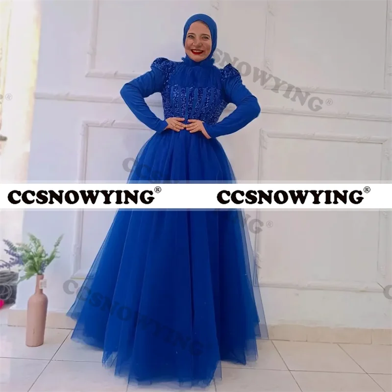 

Tulle Appliques Muslim Evening Dresses Islamic Full Sleeve High Neck Hijab Women Formal Party Gown Arabic Dubai Robe De Soiree