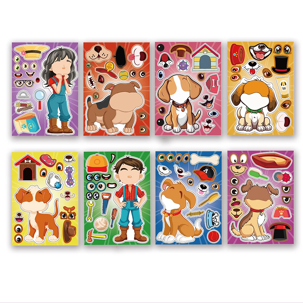 8/16 arkuszy Make a Face Cartoon Puppy Puzzle naklejki gry DIY pies dzieci montaż układanka zabawki edukacyjne dla dzieci strona dekoracji