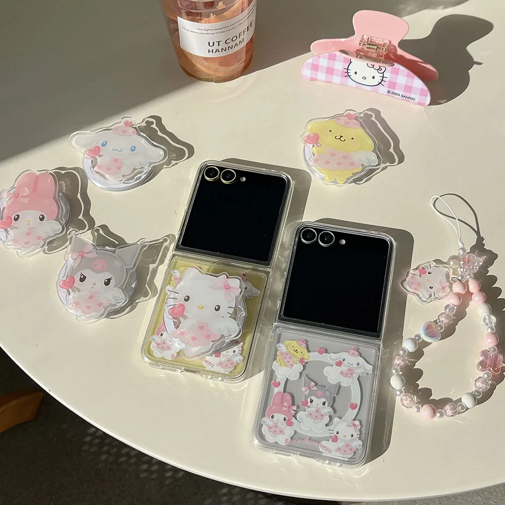 Kawaii Angel Hello Kitty for Magsafe Magnetic Bracket Lanyard Phone Case for Samsung Galaxy Z Flip 3 4 5 6 5G PC Hard Back Cover