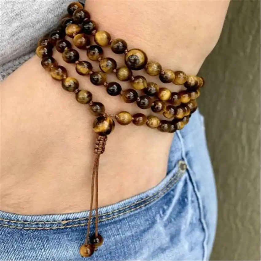

Natural Tiger's Eye 108 Mala Beads Adjustable Wrap Bracelet/Necklace Courage & Protection Healing Crystal Jewelry