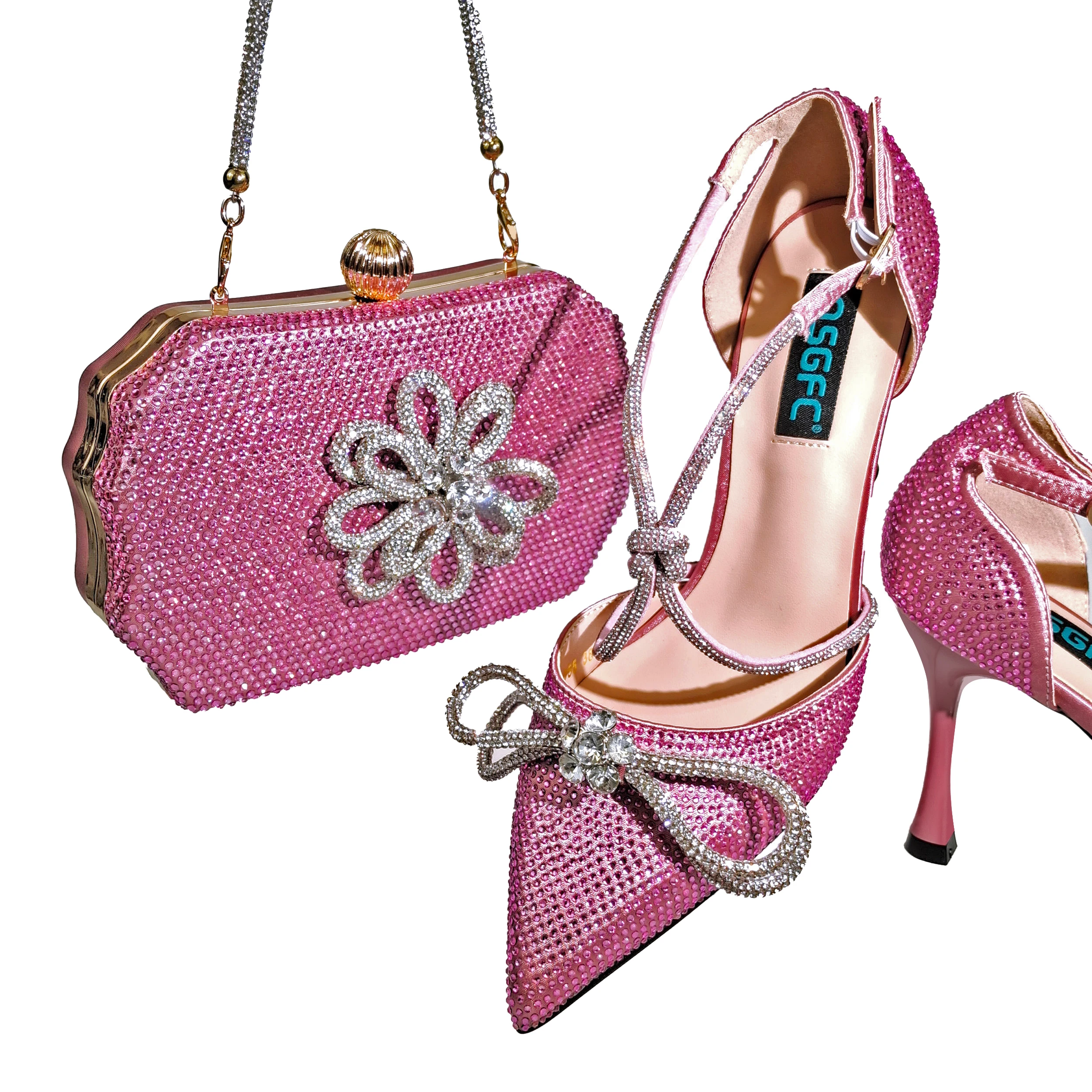 QSGFC Newest Ladies Shoes and Bag Full Diamond Handmade Flower Decoration Party Shoes Pink Color