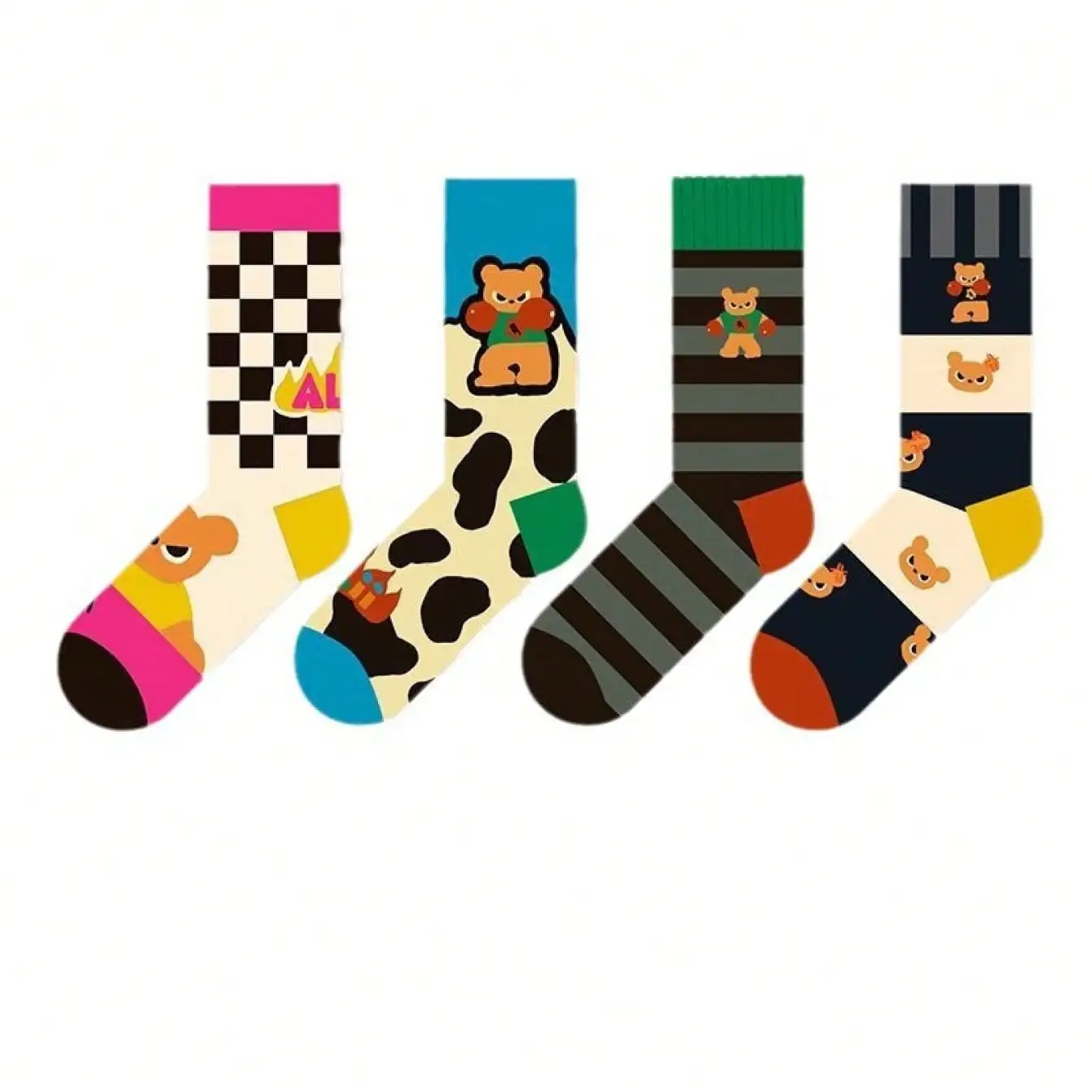 4 أزواج من جوارب الشطرنج باللونين الأبيض والأسود الجديدة لعام 2025، سلسلة الدب اللطيفة والغمزة الكرتونية، جوارب عصرية للنساء