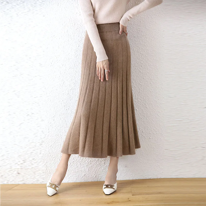 High-end 2022 Autumn/Winter New 100% Pure Wool Women\'s Thick Warm Elegant Pleated Skirt Fashion A Line Knitted Skirt 4 Colors