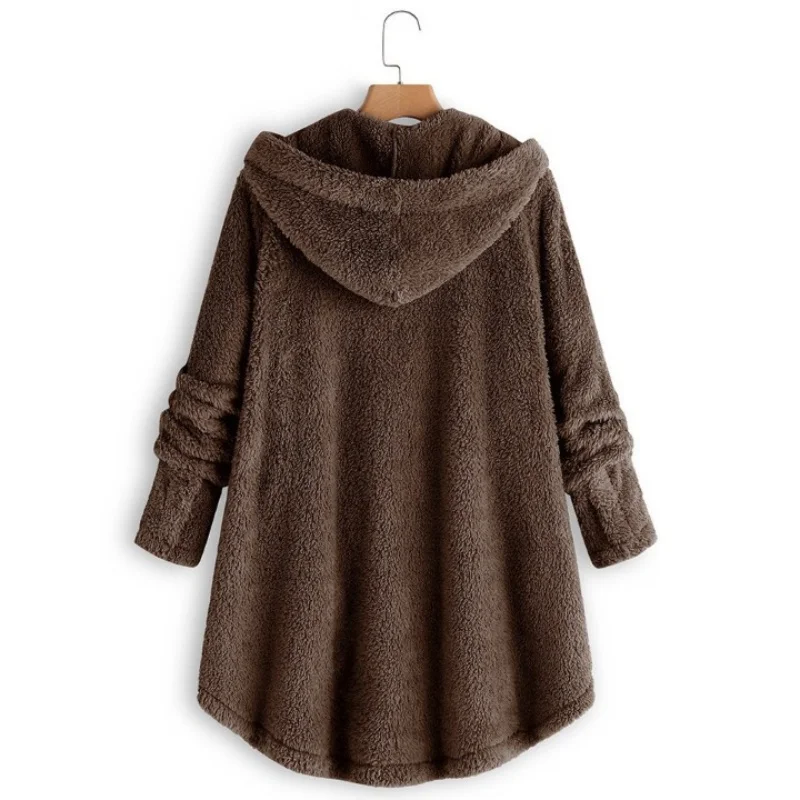 Plus Size 4XL 5XL Women's Solid Button Coats Autumn Winter Warm Teddy Bear Loose Outwear Female Plush Coat Hooded Plush Jackets