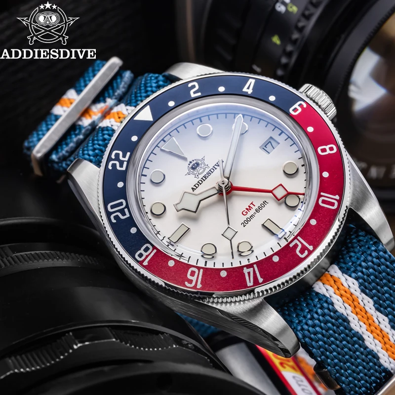 ADDIESDIVE 515-24H Dual Time Zone GMT Watches 200m Waterproof Quartz Man Watch BGW9 Luminous Nylon Strap Bubble Glass Wristwatch