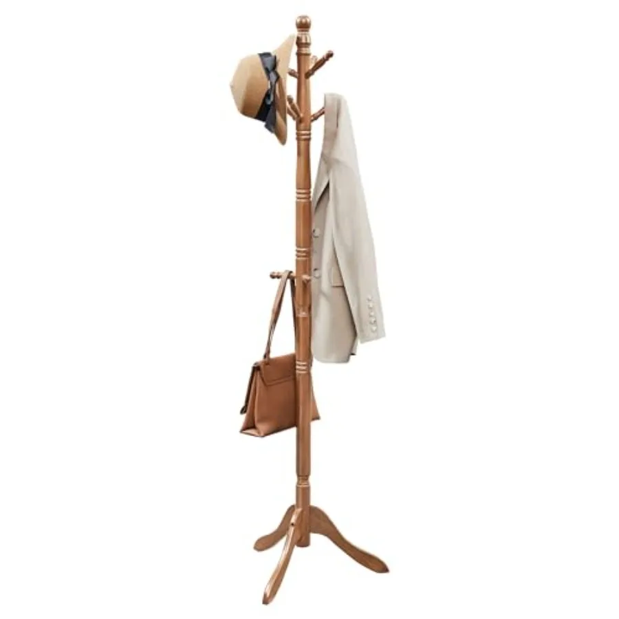 Solid Wood Coat Rack and Stand, Free Standing Hall Coat Tree with 10 Hooks for Hats, Bags, Purses, for Entryway, Hallway, Rubbe
