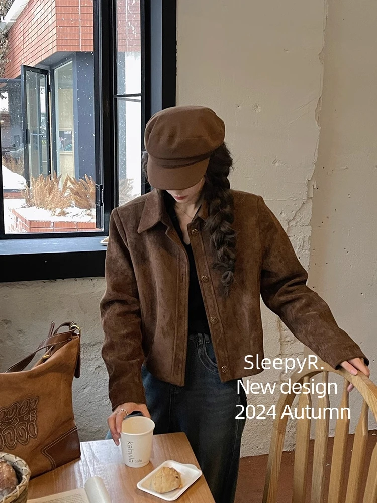 Brown Short Suede Jacket for Women Spring and Autumn Korean Retro