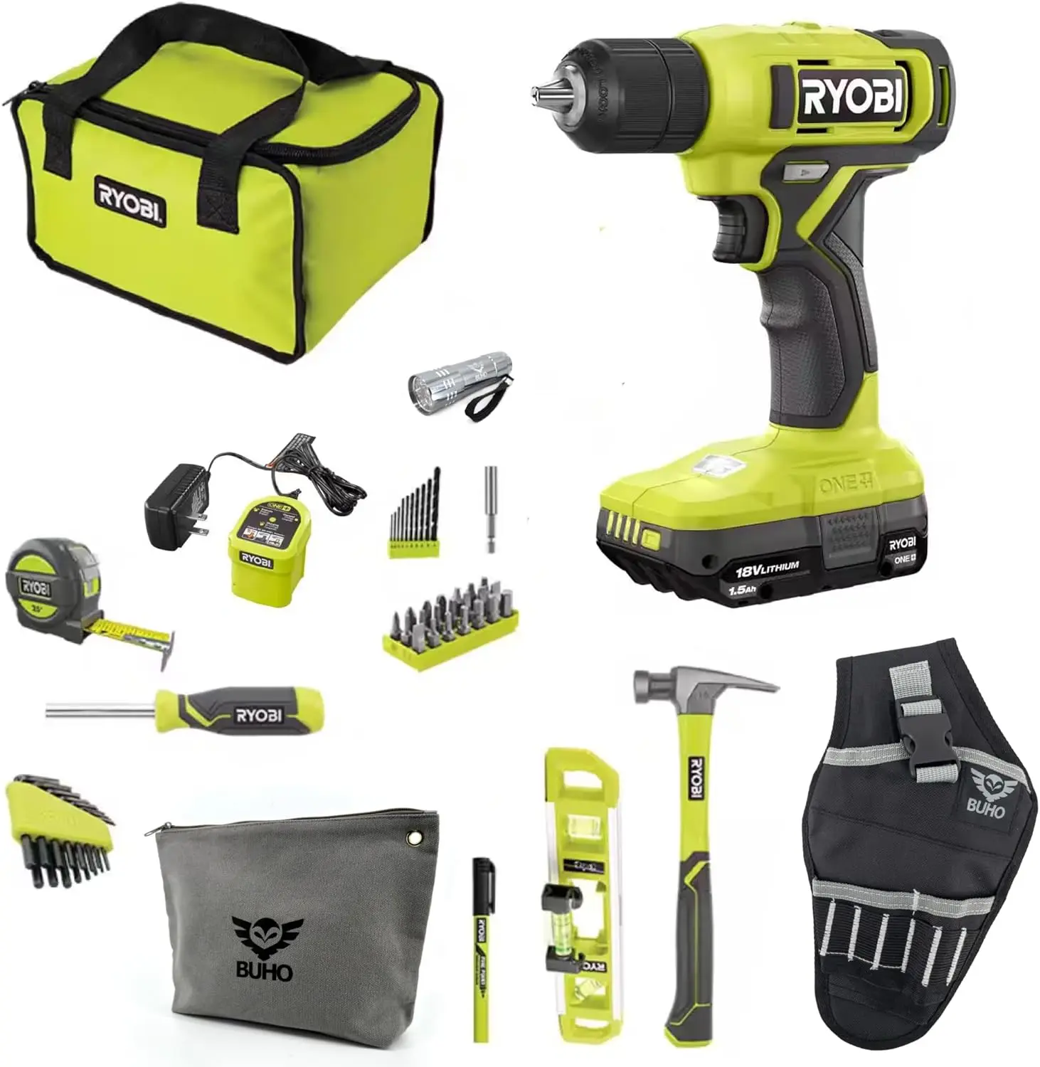 Household Tool Kit Accessory Bundle - Ryobi 18V Cordless Drill Driver 1.5 Ah Battery Charger Hand Tools Drill Bits Tool Bag Hols