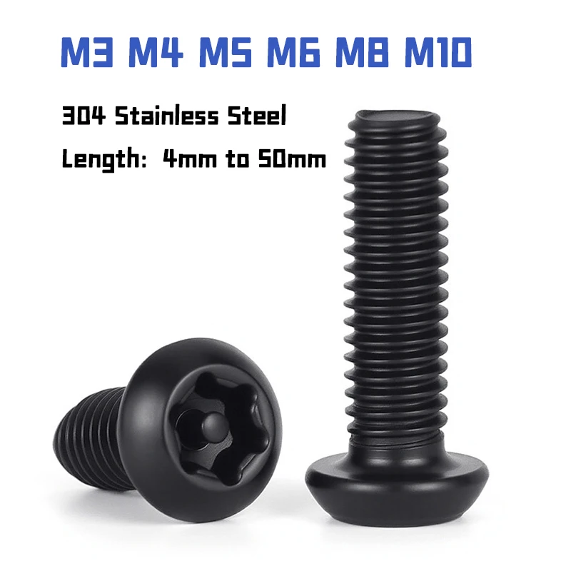 304 Edelstahl M3 M4 M5 M6 M8 M10 Schwarze Torx-Knopfkopfschraube mit Sechsflügel-Diebstahlschutz Manipulationssichere Sicherheitsschraube Lang 4mm bis 50mm