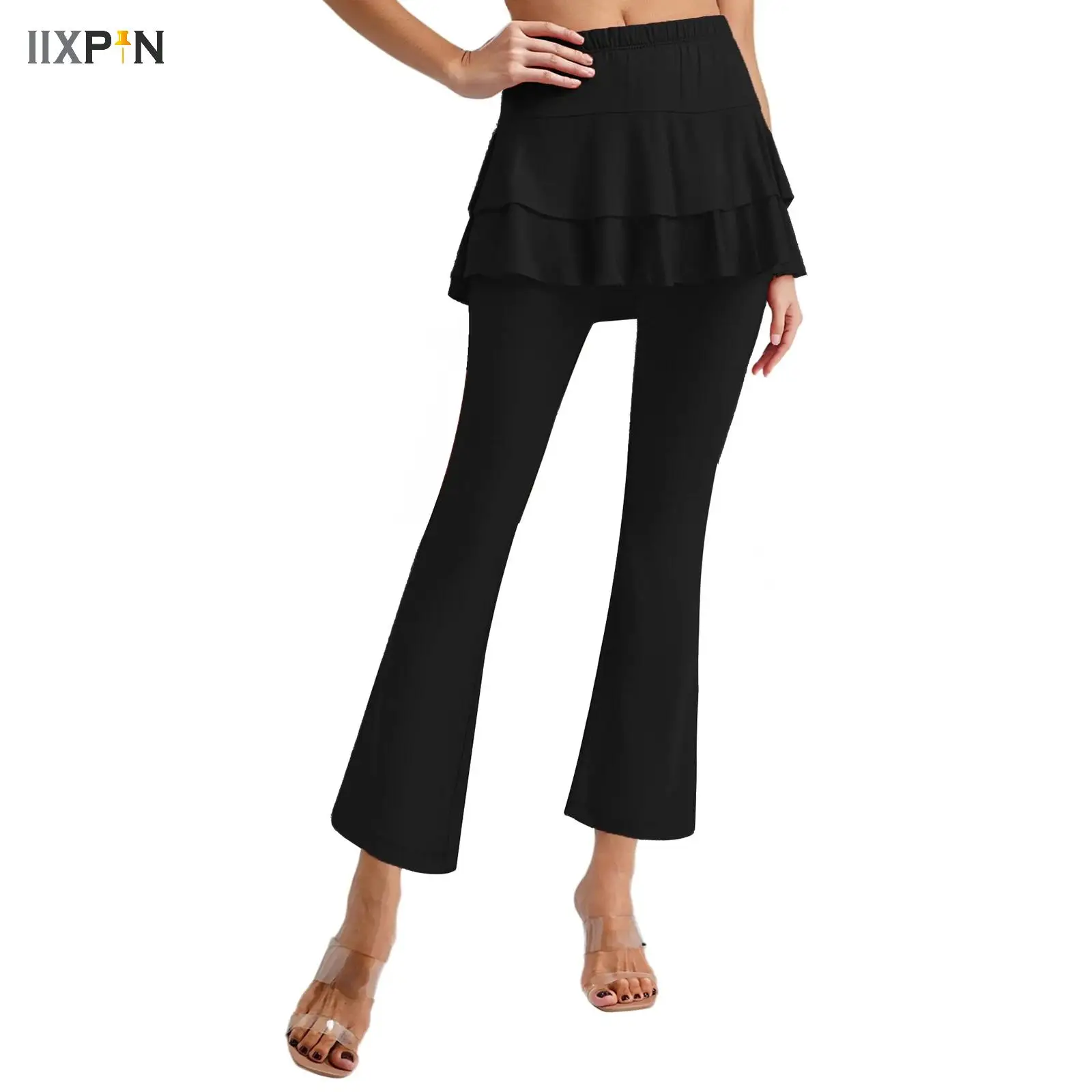 

Womens Dancewear High Waist Flare Latin Dance Pants Tango Cha-Cha Practice Competition Performance Costume Tiered Skirt Trousers