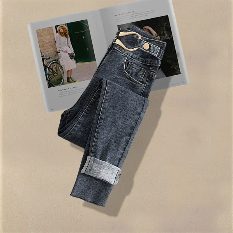 프리미엄 니트 스웨터 여성용 하이웨이스트 슬림 데님 진 돌칼라 니트웨어 가을 겨울 신상 슬레 컬리지 패션