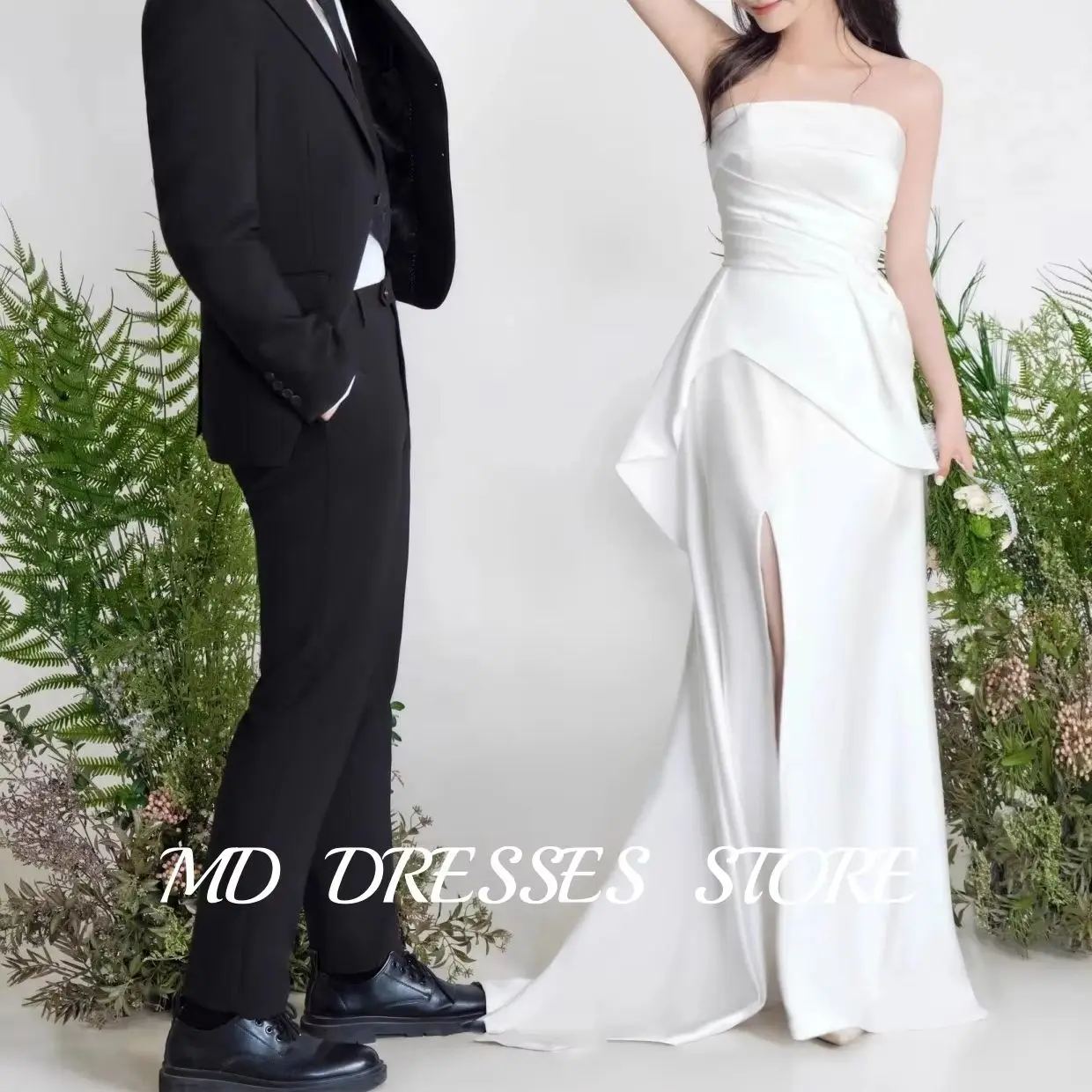 MD Simple Soft Satin Mermaid Wedding Dresses Side Slit Korea Photoshoot Strapless Sleeveless Corset Customized Bride Gowns 2025