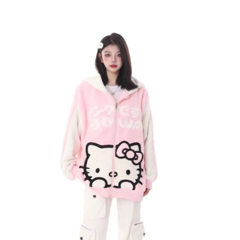 New Sanrio Hello Kitty Hoodie Zip Up Kawaii Sweater Woman Winter Sweatshirt Top Loose Long Sleeve Thickened Oversize Y2k Clothes