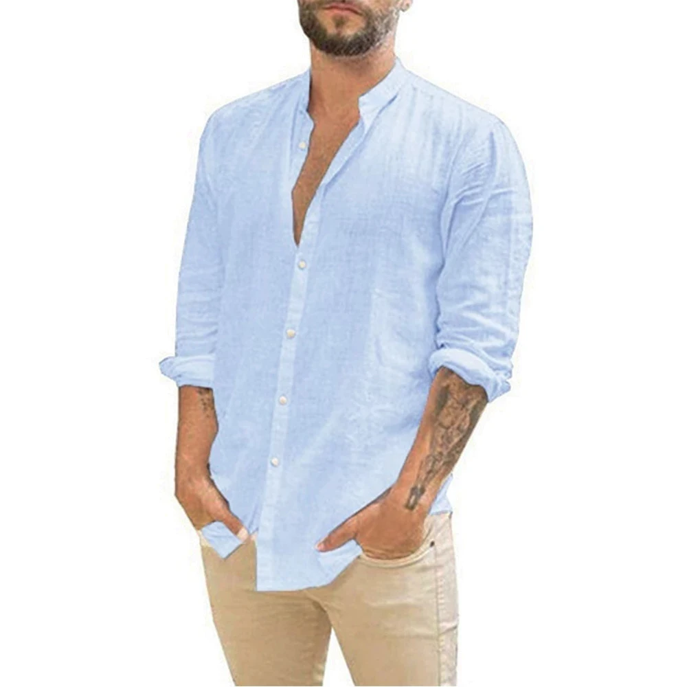 Cotton Linen Hot Sale Men\'s Long-Sleeved Shirts Summer Solid Color Stand-Up Collar Casual Beach Style Plus Size