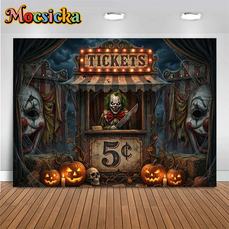 

Mocsicka Halloween Photography Backdrop Birthday Party Decor Background Terror Circus Clown Ticket Kids Photo Studio Wall Poster