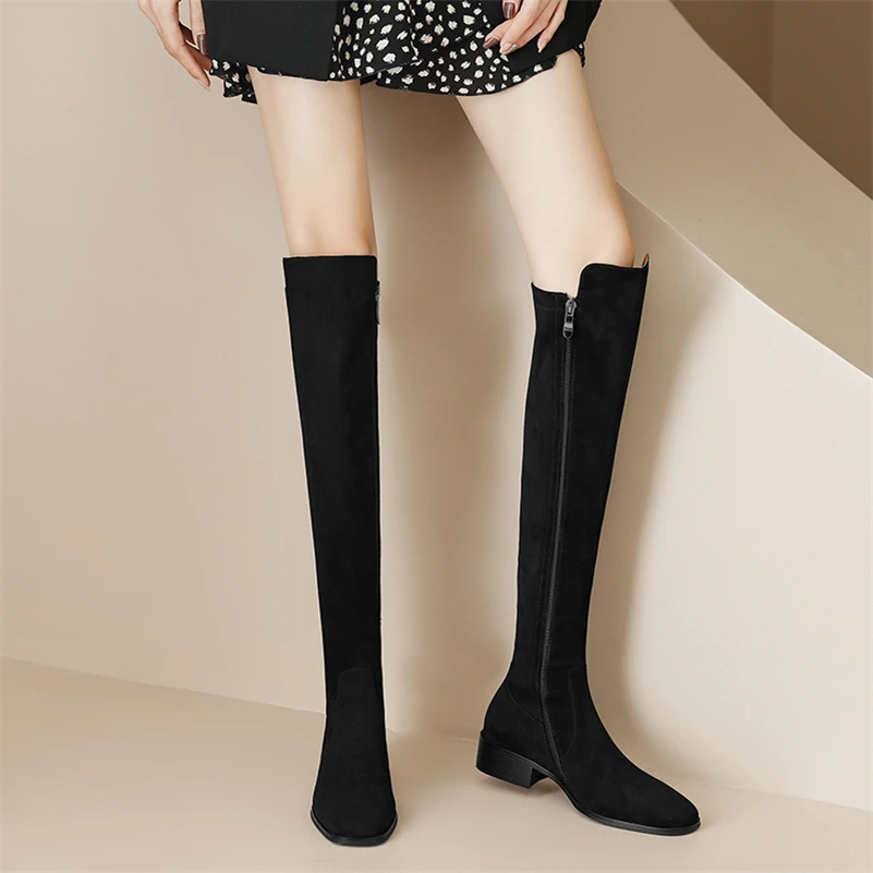 Meotina Women Genuine Leather Knee High Boots Square Toe Flats Zipper Long Boots Ladies Fashion Shoes Autumn Winter Black 40