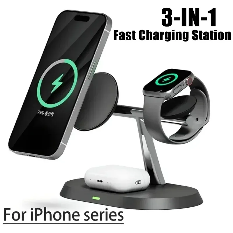 

Магнитное беспроводное зарядное устройство 3 в 1, держатель для телефона, станция быстрой зарядки для Magsafe iPhone 17 16 15 Pro, Samsung Apple/Galaxy Watch