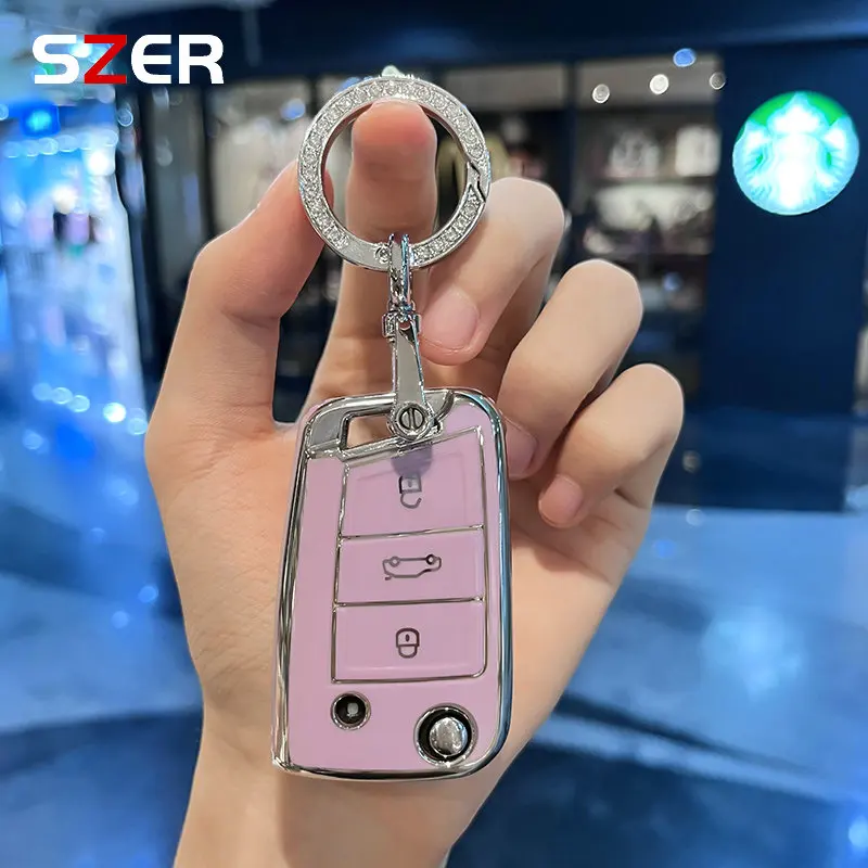 NEW TPU Car Flip Key Case Cover Protection Bag For VW Volkswagen Polo Tiguan Passat Golf Jetta Lavida Skoda Octavia Fob Keychain