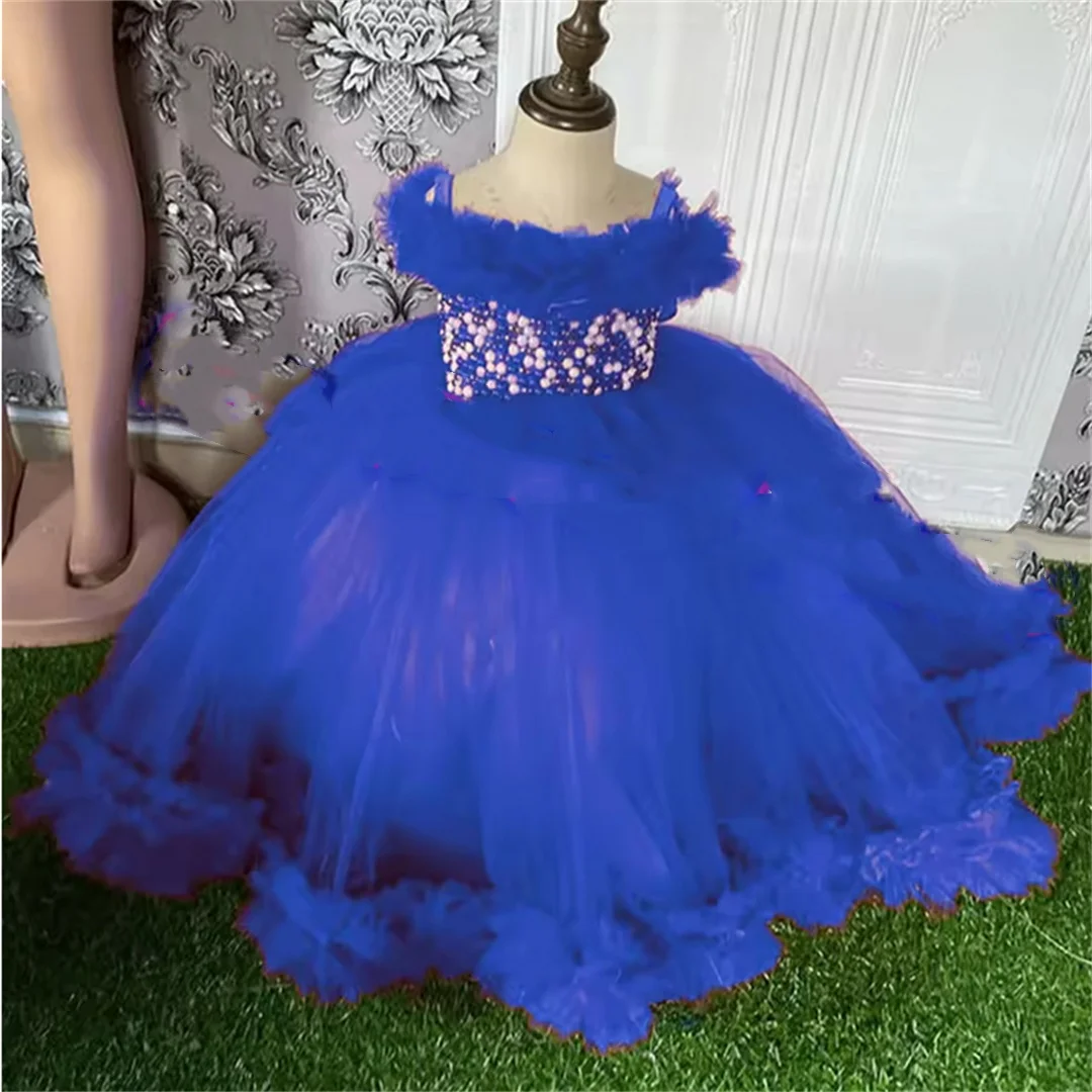 Flower Girl Dress Red Quality Tulle Fluffy Pearl Appliqué Little Princess Kids Girls Birthday Party Ball Evening Customise