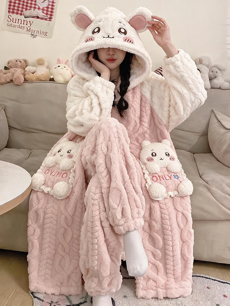 women's-coral-fleece-robe-thickened-flannel-sleepwear-winter-home-clothes-warm-cute-cartoon-style-long-pants-polyester-fiber