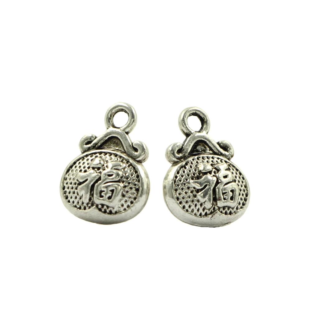 Lucky Bag Charms Pendant Sinicism FU Tibetan Silver Metal Jewelry Findings Accessories For Making DIY Necklace Earring 12pcs