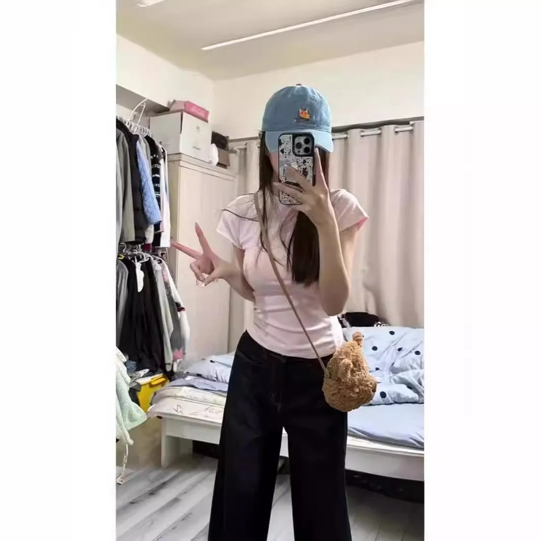 Pink Slim Fit ort Sve T-irt Women's Base Layer Top Tight Waist Cinching oulder Length Commute Sle Cotton Blend