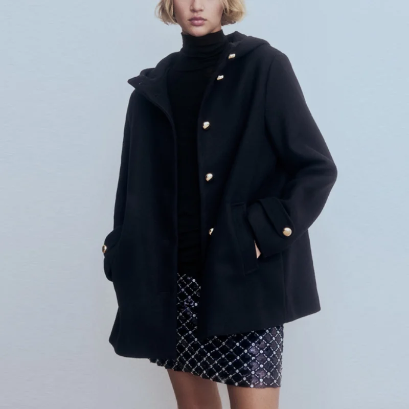 

Fashion Casual Hooded Woolen Coat For Women Chic Solid Color Long Sleeved Single Breasted Jacket 2026 New Lady Commuting Outwear