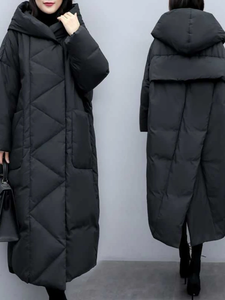 Parkas optiques longues pour femmes, vestes épissées à capuche zippées, manteau coréen Y2k, maxi chaud, automne et hiver