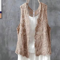 Summer Original Hook Flower Hollow Shawl Vest Fashion Pure Cotton Breathable Loose Women's Solid V-Neck Sleeveless Cardigan Coat