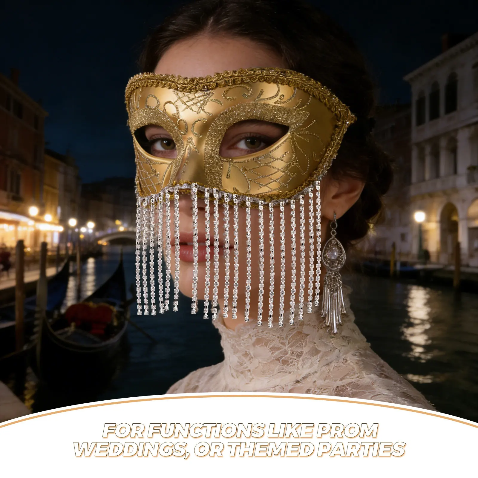 Vintage Rhinestone Masquerade Mask for Women Tassel Beaded Chain Elegant Princess Design Universal Fit Carnival Ball Prom Event
