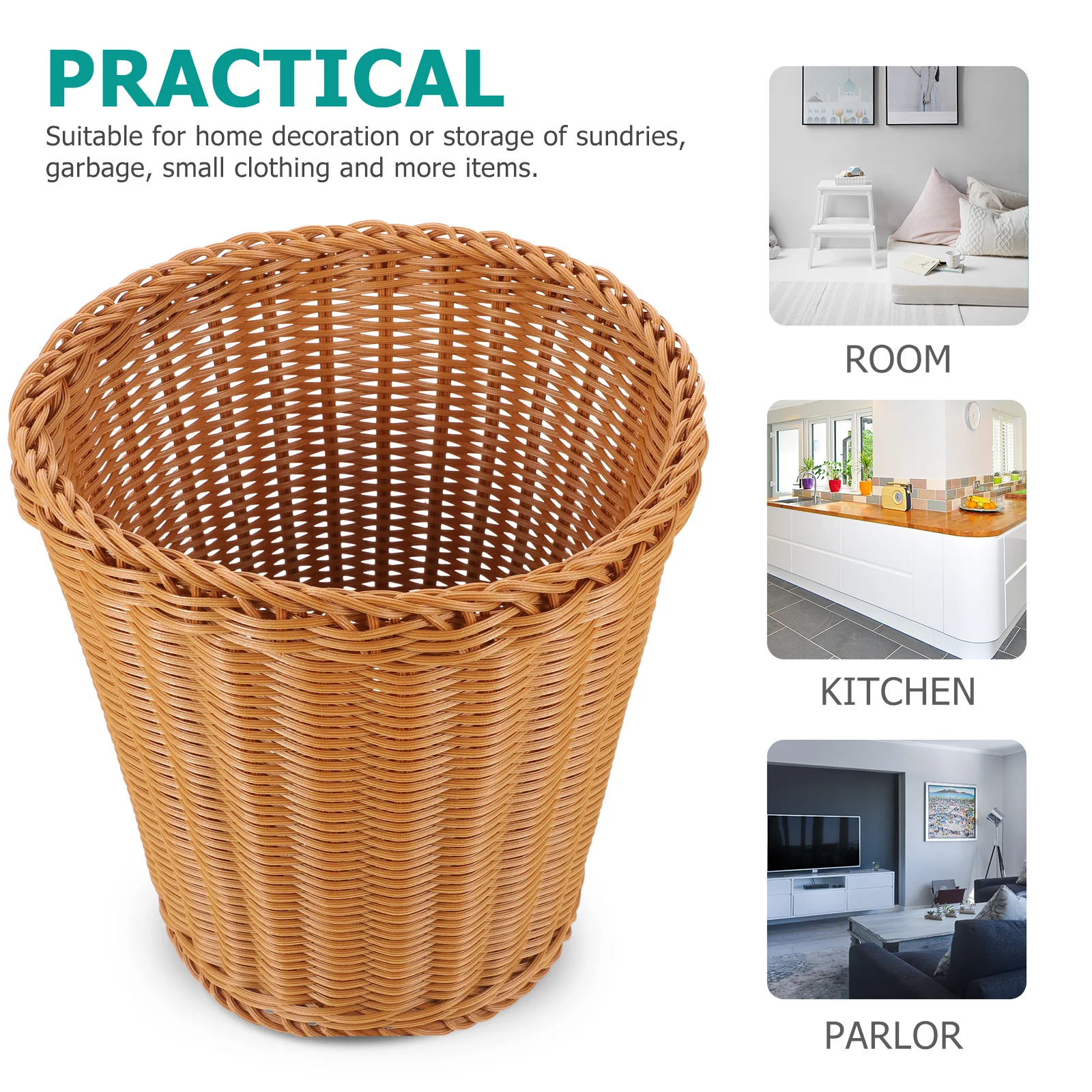 

Natural Style Woven Trash Can Household Storage Basket Compact Size for Bathroom Bedroom Office Sundries Container