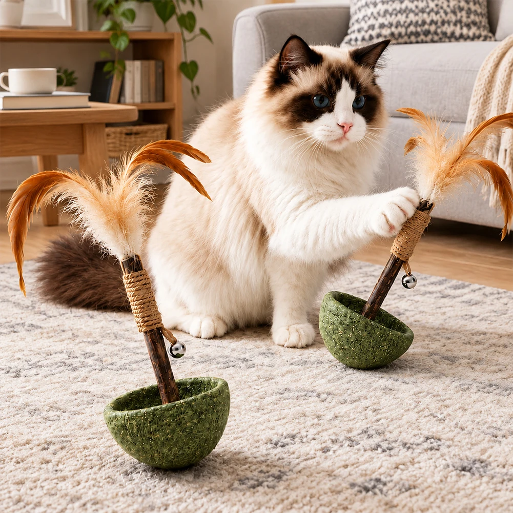 Cat Toy 3 In 1 Interactive Catnip Cat Toy With Feather-Wand Bell Rotating Cat Tumblers Toy For Indoor Cats Promotes Teeth Health