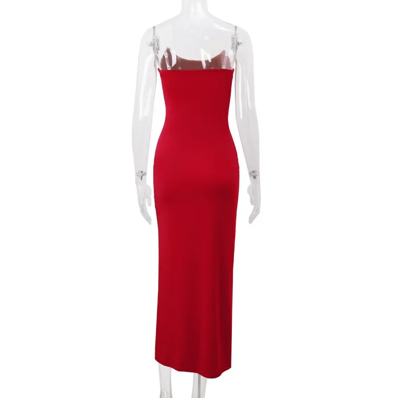 Red Spaghetti Strap Sexy Maxi Dress For Women Fashion High Waist Sleeveless Backless Bodycon Club Party Long Dress